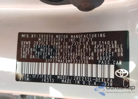 2021 Toyota Corolla Le из США, поврежденный, VIN 5YFEPMAE8MP223336